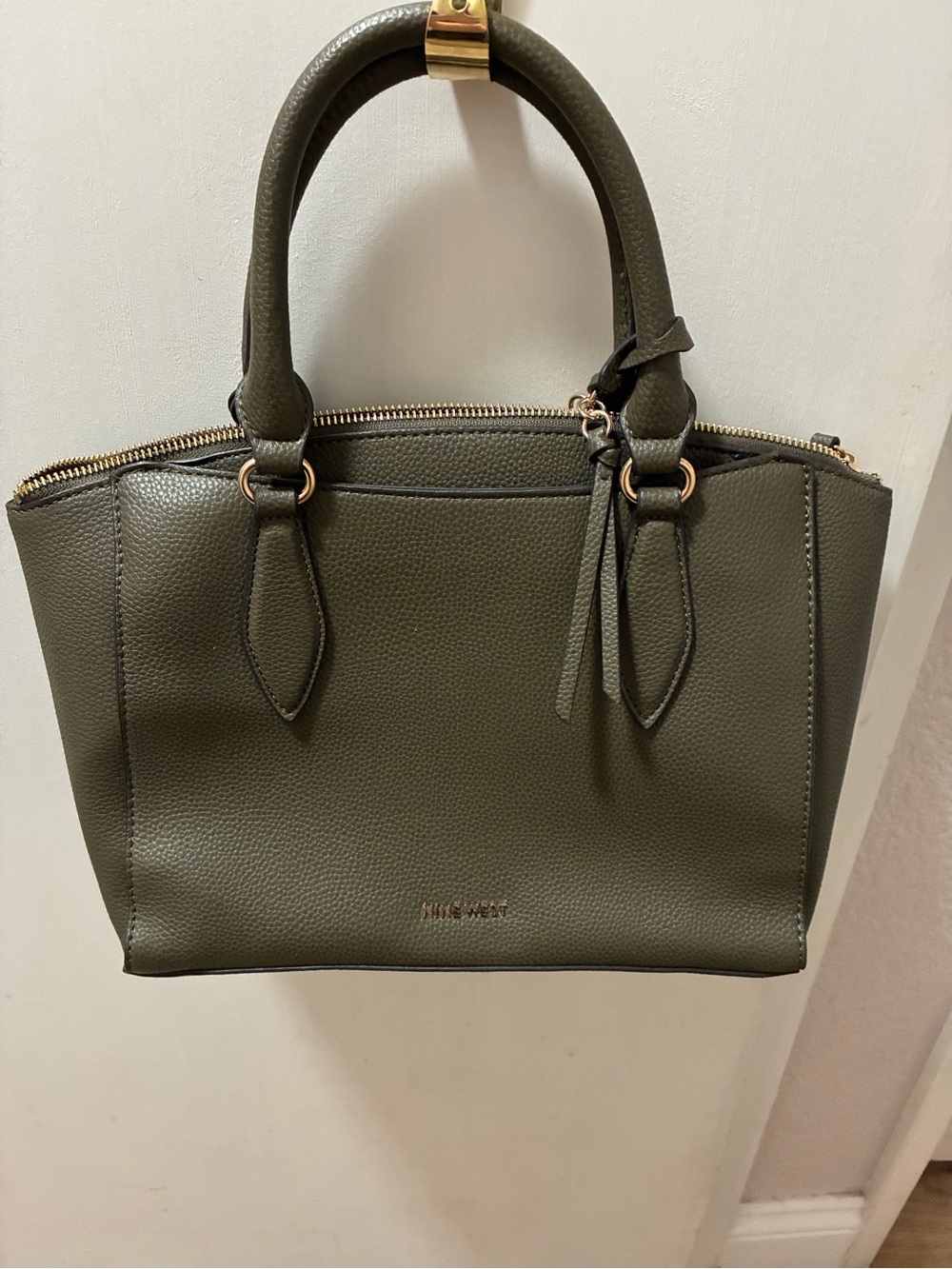 Nine West Olive Pebbled Leather Top-Handle Satchel with Gold Hardware